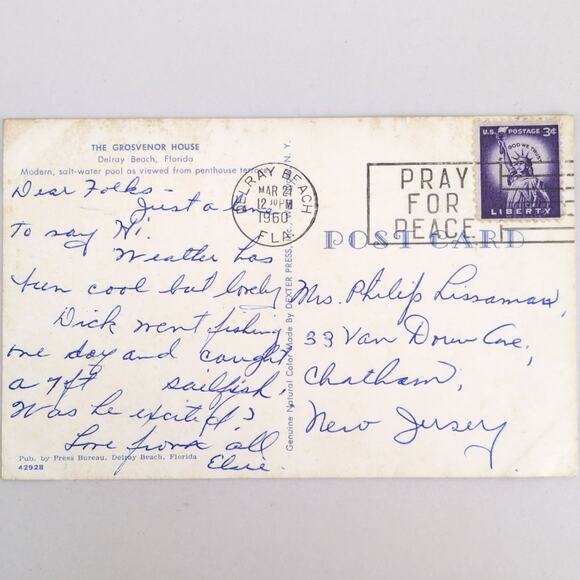 Vintage Florida Postcard Delray Beach The Grosvenor House 1960 Salt-Water Pool - Picture 2 of 2